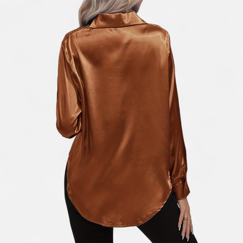 Women’s Satin Button-Down Blouse – Classic Long-Sleeve Lapel Shirt