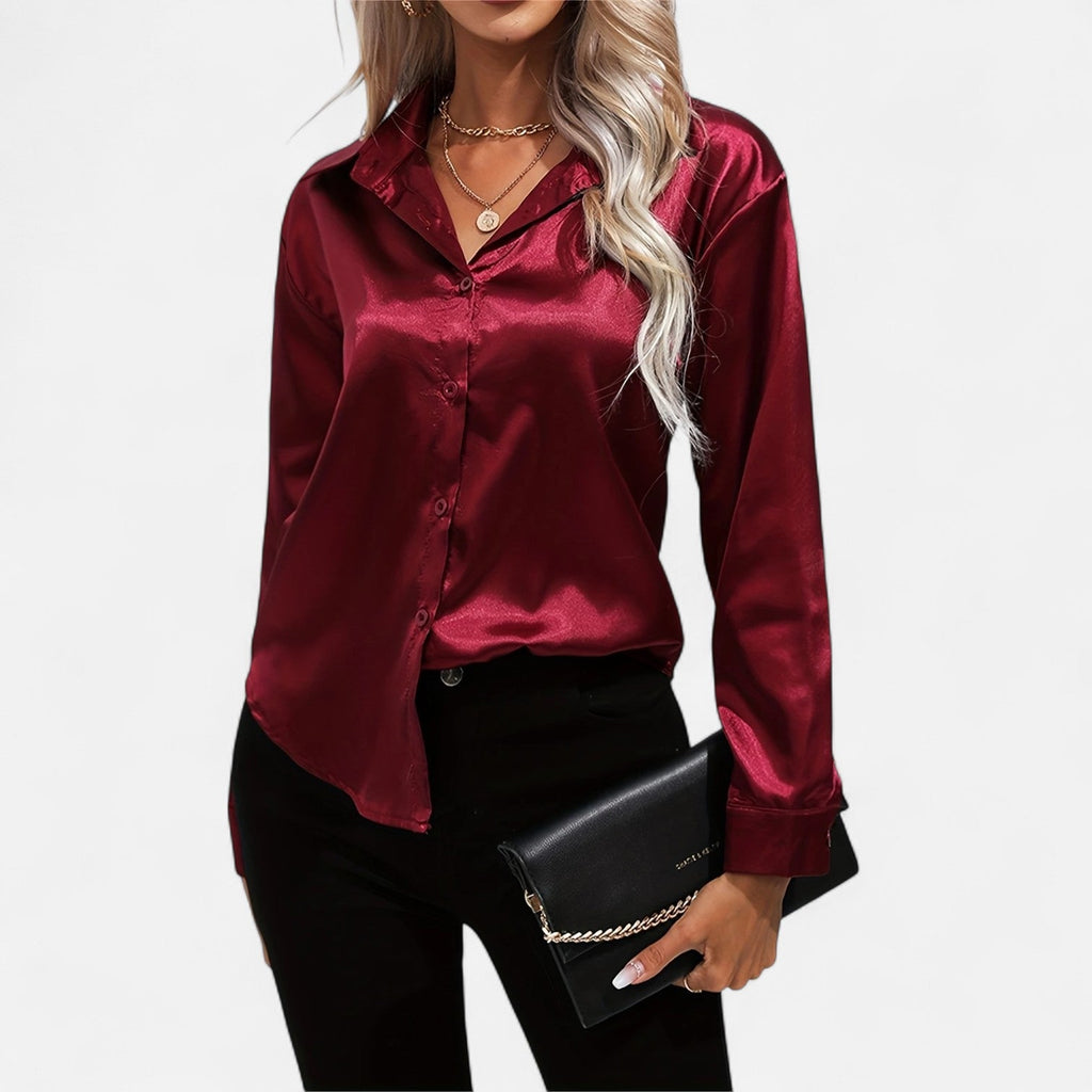 Women’s Satin Button-Down Blouse – Classic Long-Sleeve Lapel Shirt