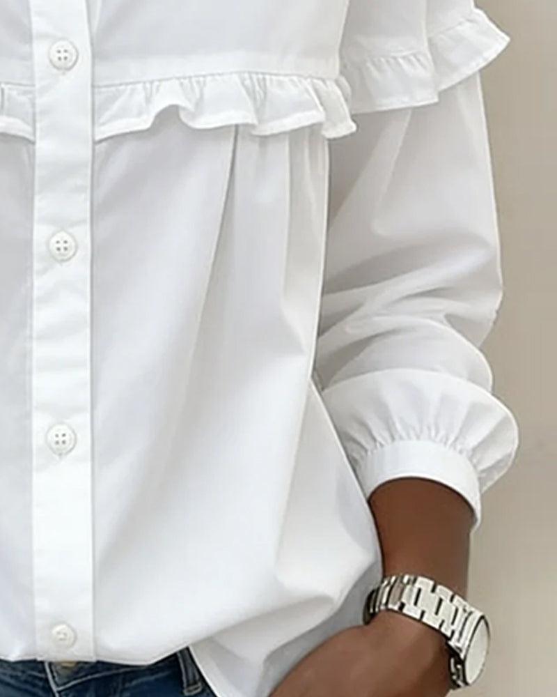 Women’s Ruffle Trim Blouse – Puff Sleeve Collared White Shirt