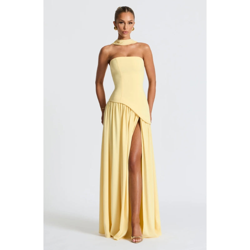 Women’s Strapless Evening Gown – Asymmetric Maxi Dress with High Slit
