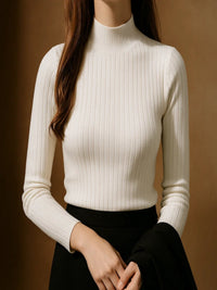Women’s Ribbed Mid-Neck Sweater – Lightweight Stretch Knit Long Sleeve Top