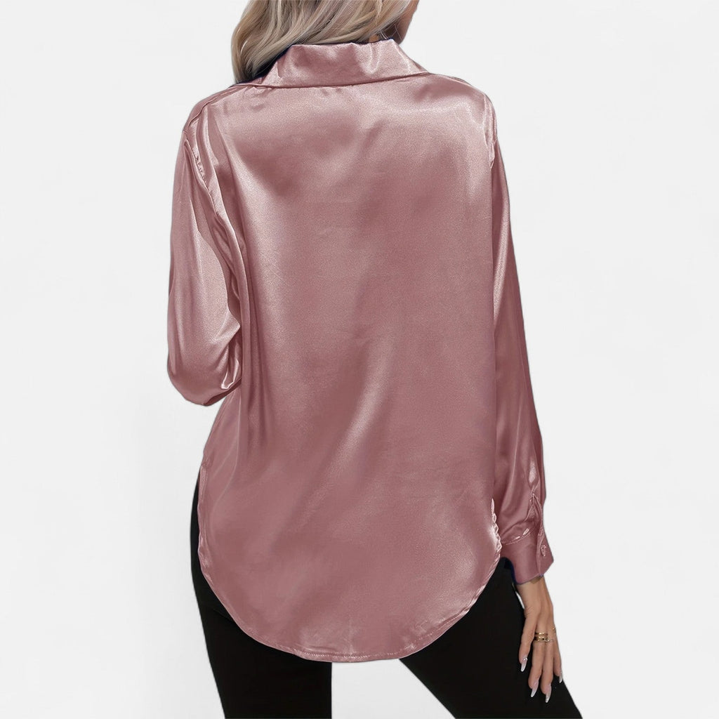 Women’s Satin Button-Down Blouse – Classic Long-Sleeve Lapel Shirt