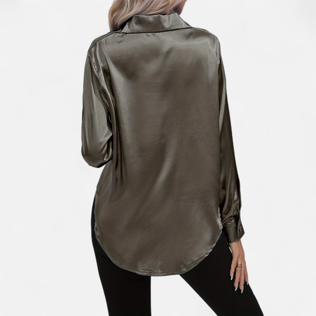 Women’s Satin Button-Down Blouse – Classic Long-Sleeve Lapel Shirt