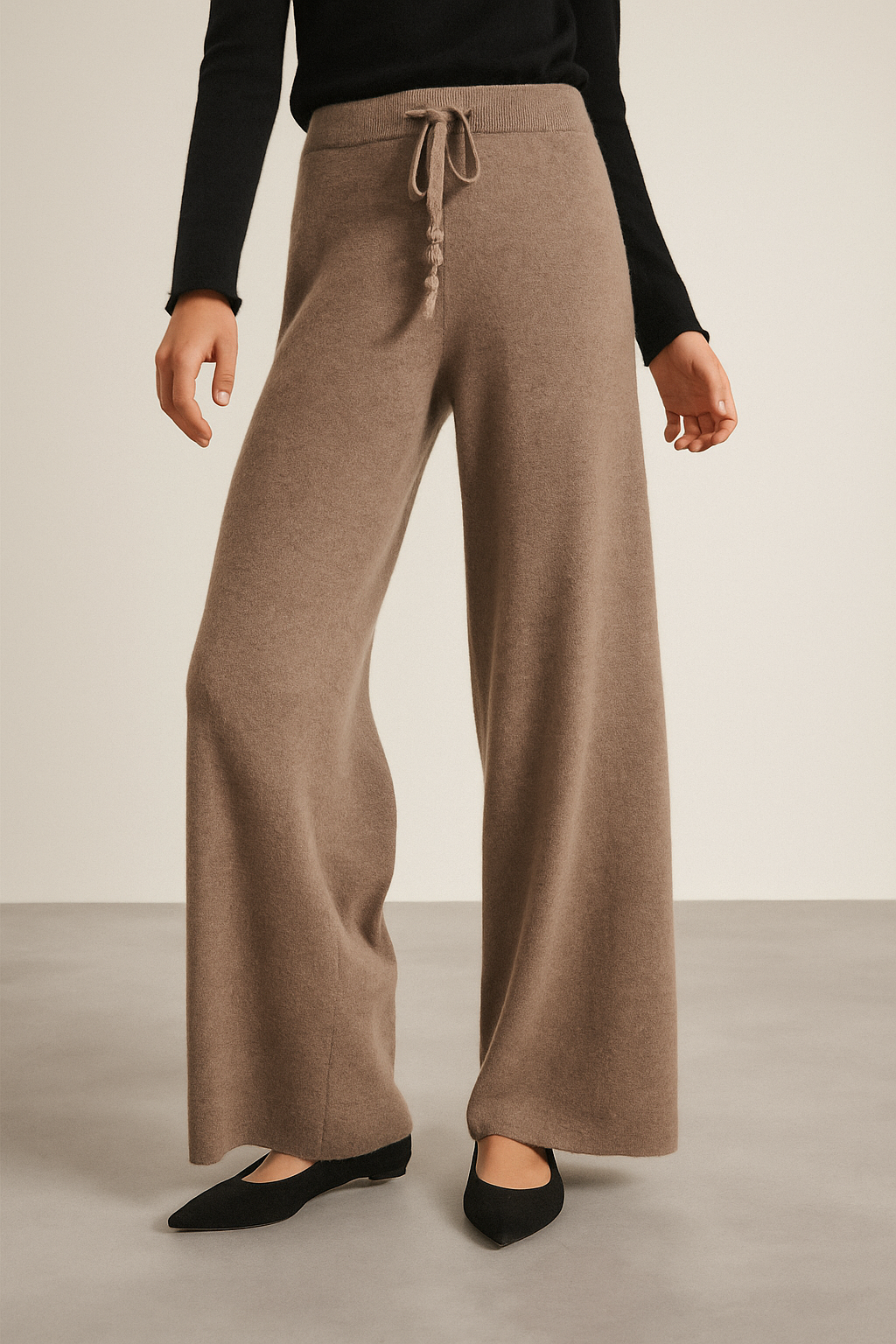 Cashmere-Look Knit Pants – Soft Wide-Leg Lounge Trousers in Taupe