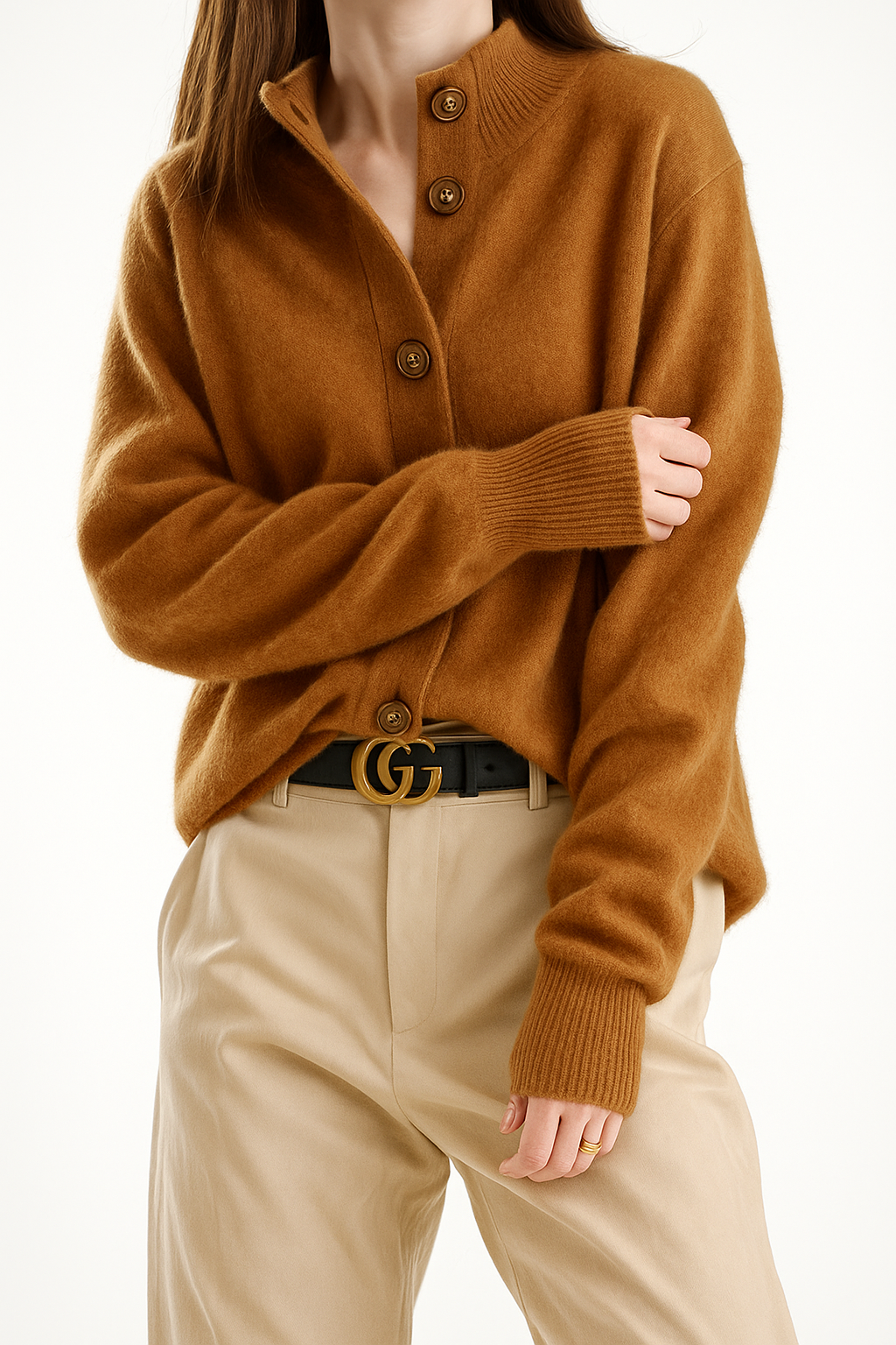 Women’s Button Cardigan – Soft Polyester Knit with Half-High Neck