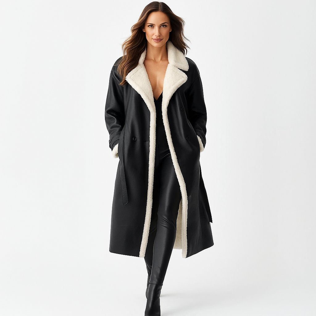 Double-Breasted Shearling Trim Coat for Women