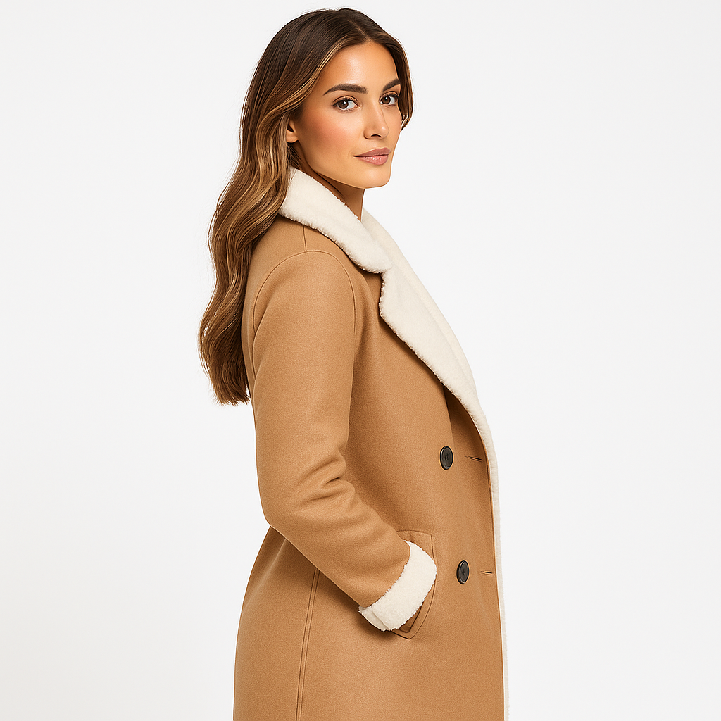 Double-Breasted Shearling Trim Coat for Women