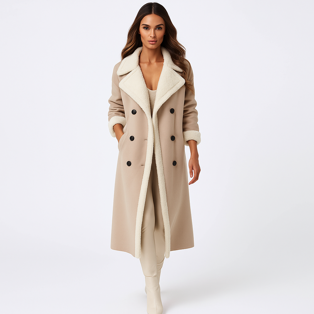 Double-Breasted Shearling Trim Coat for Women