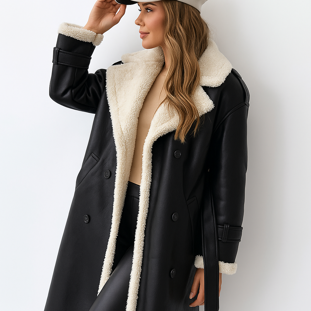 Double-Breasted Shearling Trim Coat for Women