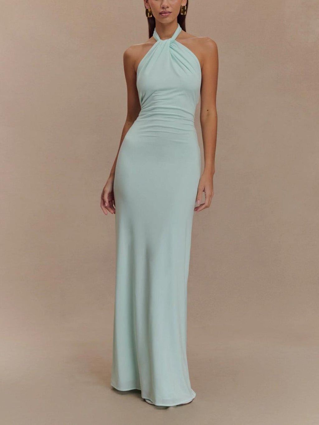 Women’s Halter Neck Maxi Dress – Ruched Bodycon Polyester Evening Dress