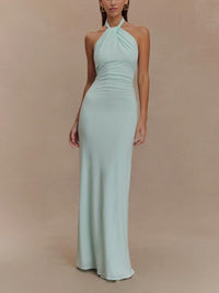 Women’s Halter Neck Maxi Dress – Ruched Bodycon Polyester Evening Dress