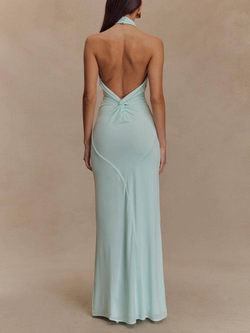 Women’s Halter Neck Maxi Dress – Ruched Bodycon Polyester Evening Dress