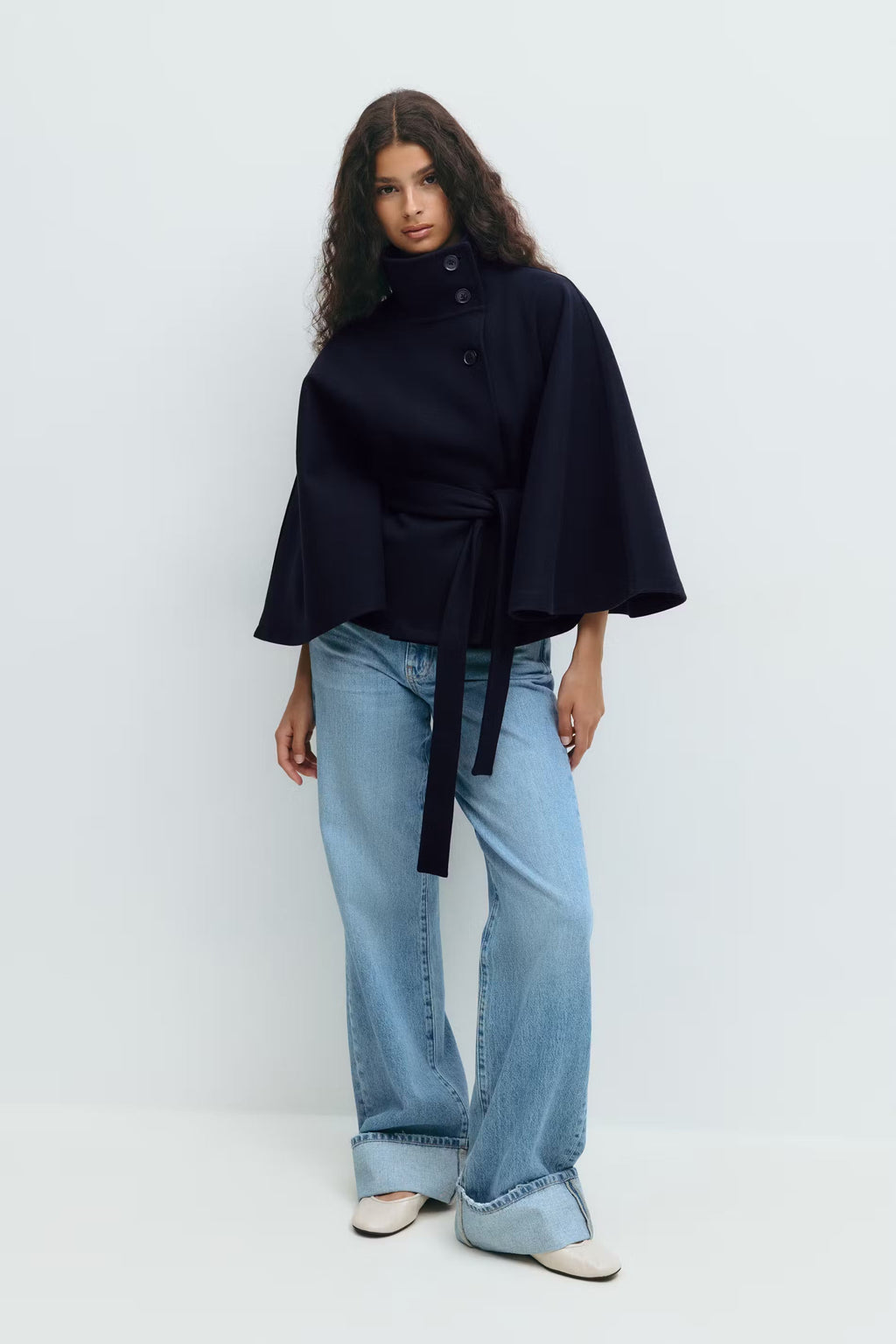 Belted Funnel Neck Jacket for Women