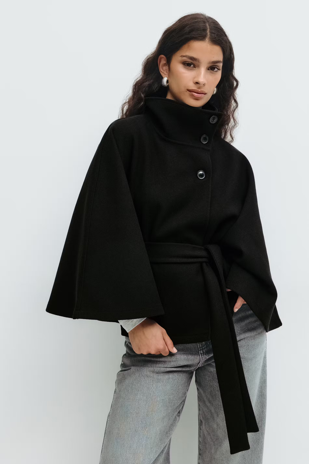 Belted Funnel Neck Jacket for Women