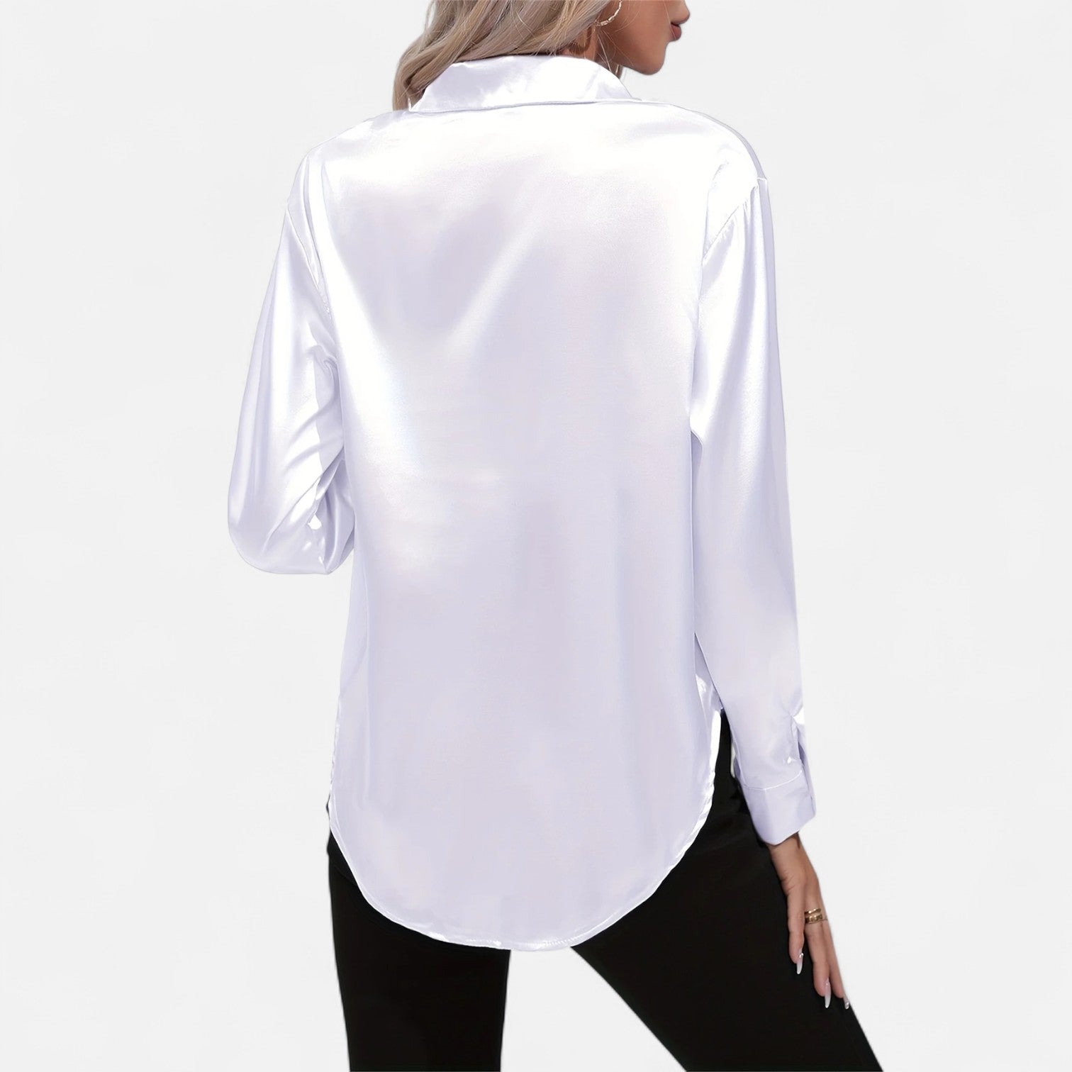 Women’s Satin Button-Down Blouse – Classic Long-Sleeve Lapel Shirt