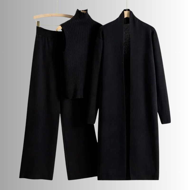 Women’s 3-Piece Knit Lounge Set – Soft Cardigan, Sleeveless Top & Wide-Leg Pants