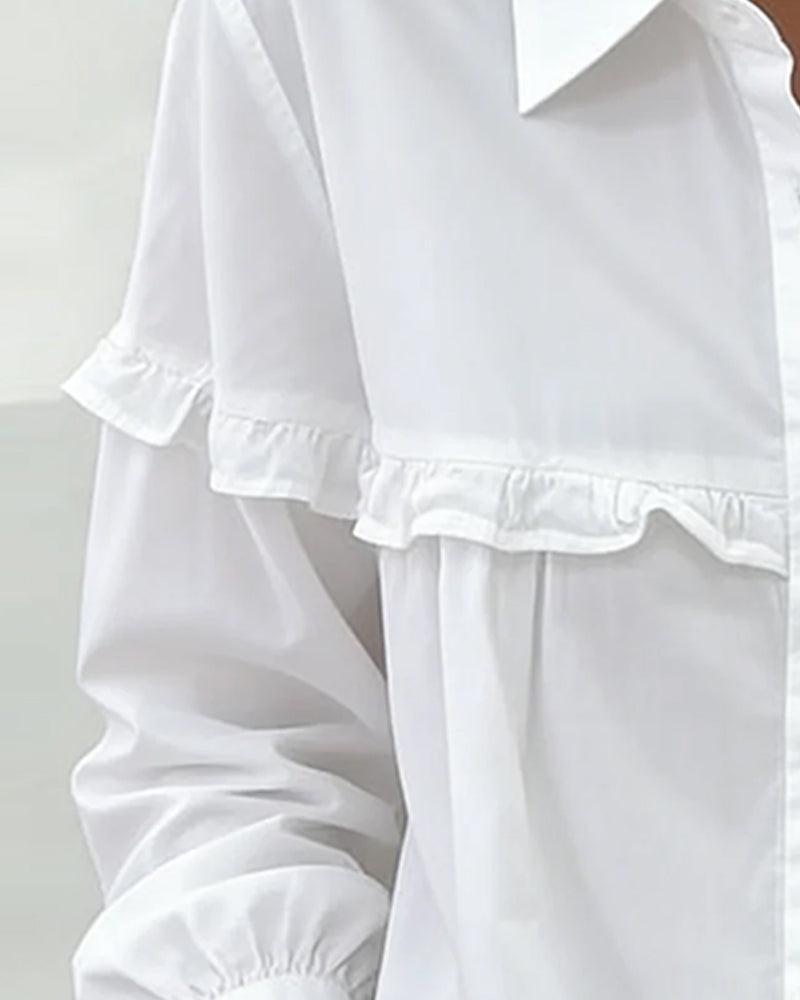 Women’s Ruffle Trim Blouse – Puff Sleeve Collared White Shirt