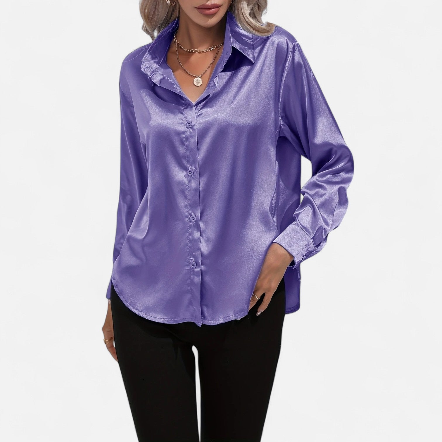 Women’s Satin Button-Down Blouse – Classic Long-Sleeve Lapel Shirt