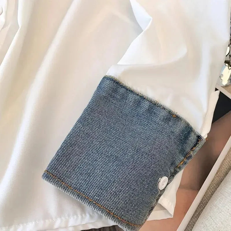 Women’s White Denim Shirt – Colour Block Long Sleeve Collared Button Down