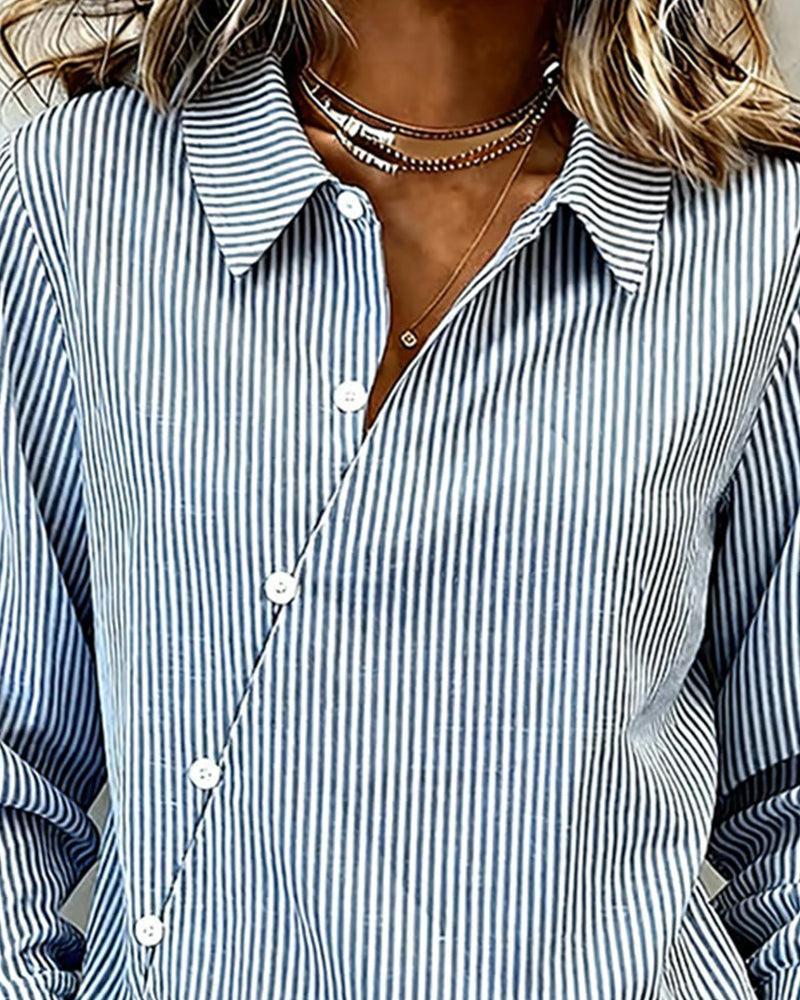 Women’s Blue Striped Button Down Shirt – Long Sleeve Collared Blouse