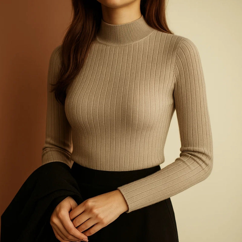 Women’s Ribbed Mid-Neck Sweater – Lightweight Stretch Knit Long Sleeve Top