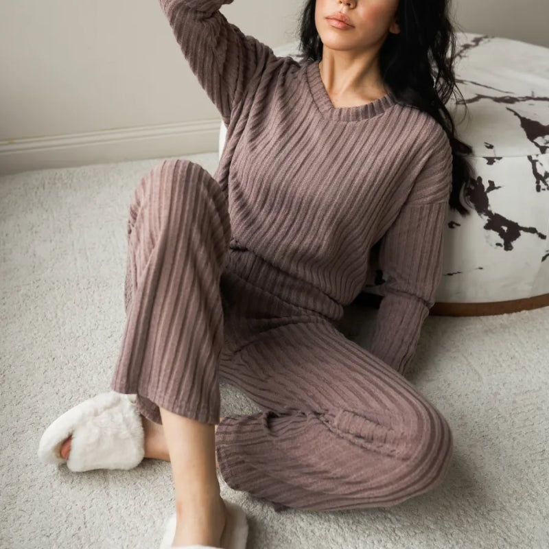 Women’s Ribbed Two-Piece Lounge Set – Soft V-Neck Sweater & Matching Trousers