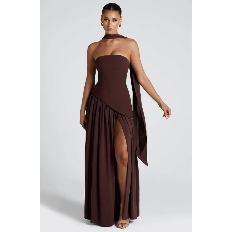 Women’s Strapless Evening Gown – Asymmetric Maxi Dress with High Slit
