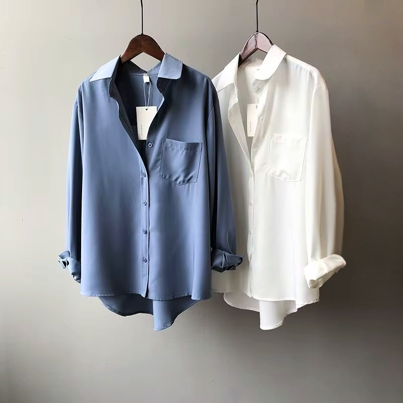 Women’s Charmeuse Satin Blouse – Lightweight Silky Button-Down Shirt