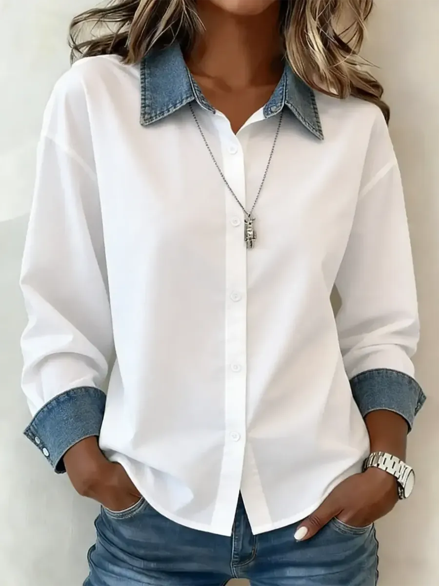 Women’s White Denim Shirt – Colour Block Long Sleeve Collared Button Down
