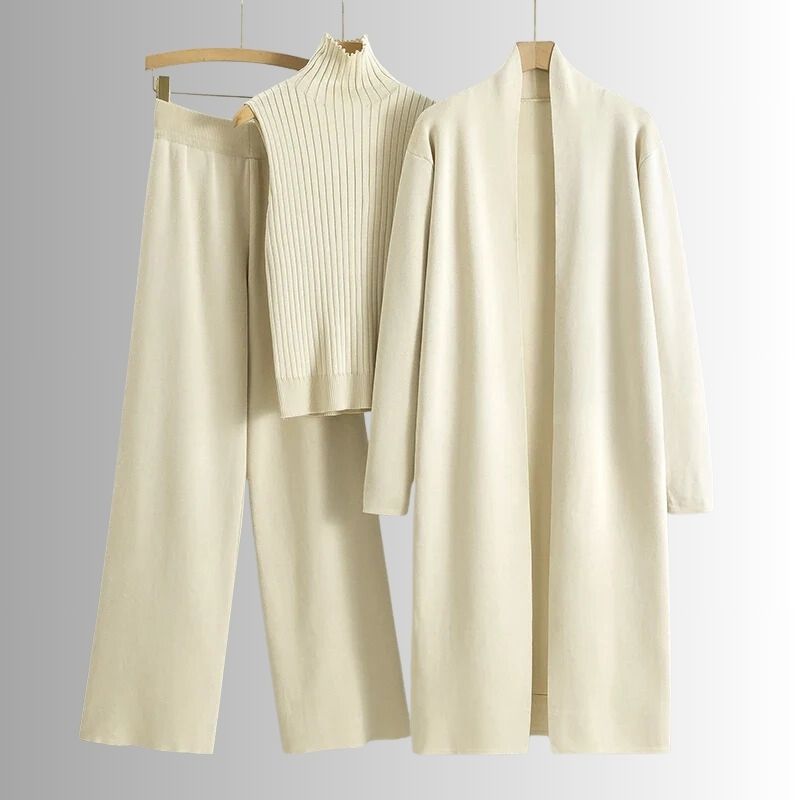 Women’s 3-Piece Knit Lounge Set – Soft Cardigan, Sleeveless Top & Wide-Leg Pants