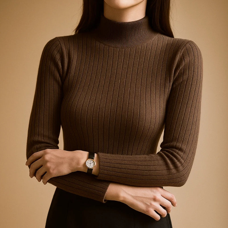 Women’s Ribbed Mid-Neck Sweater – Lightweight Stretch Knit Long Sleeve Top
