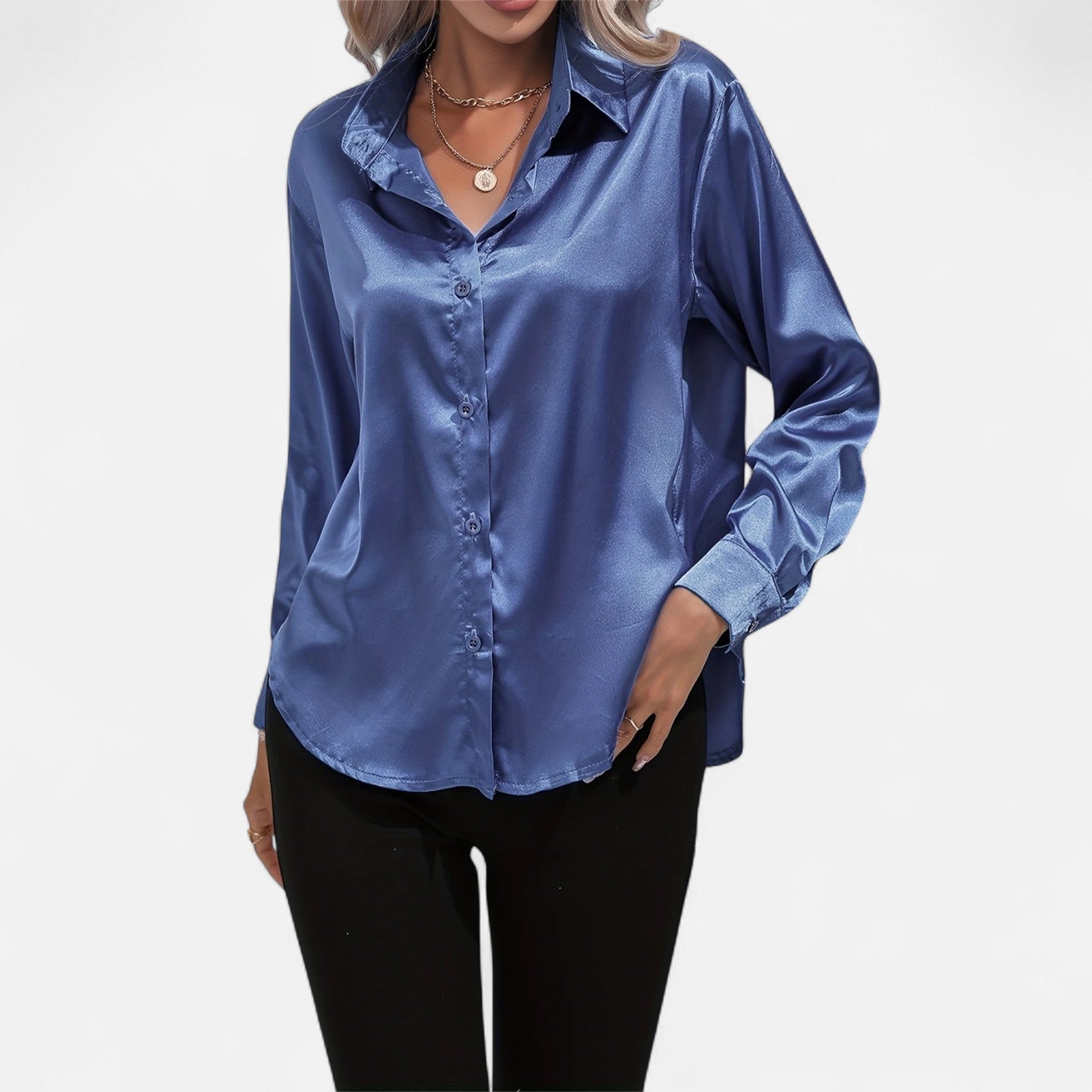 Women’s Satin Button-Down Blouse – Classic Long-Sleeve Lapel Shirt