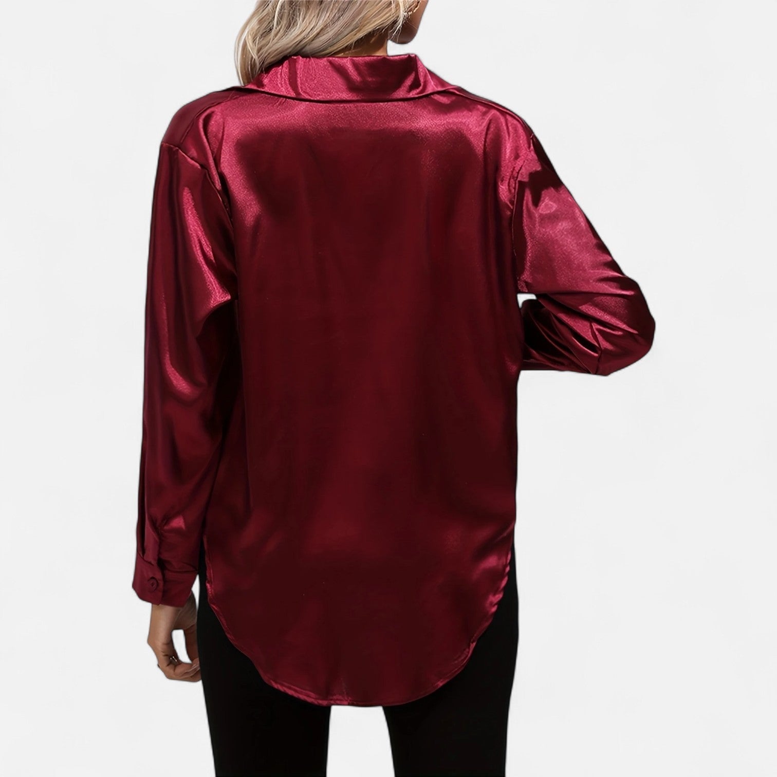 Women’s Satin Button-Down Blouse – Classic Long-Sleeve Lapel Shirt