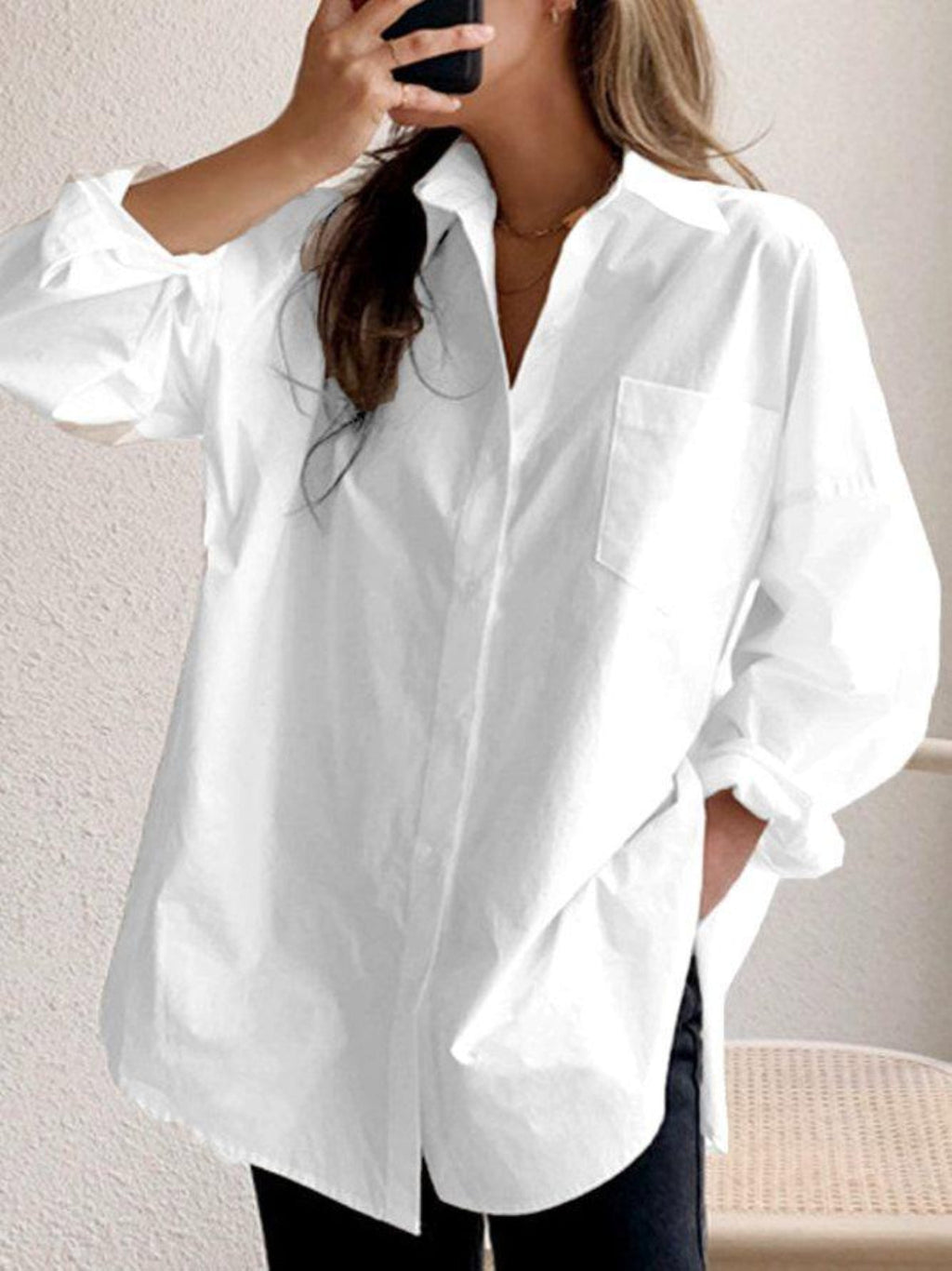 Women’s White Collared Shirt – Long Sleeve Plain Button Down Blouse