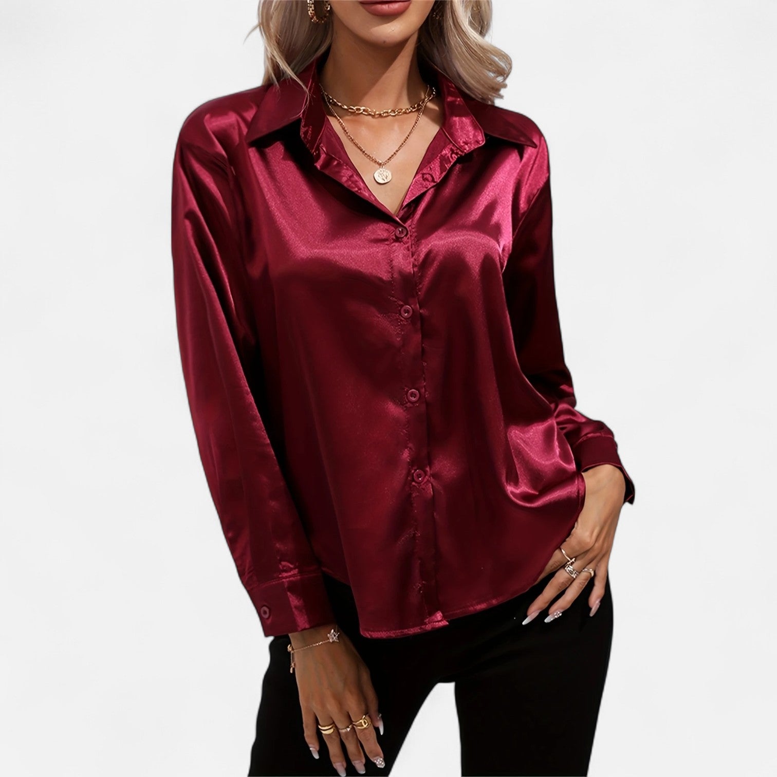 Women’s Satin Button-Down Blouse – Classic Long-Sleeve Lapel Shirt