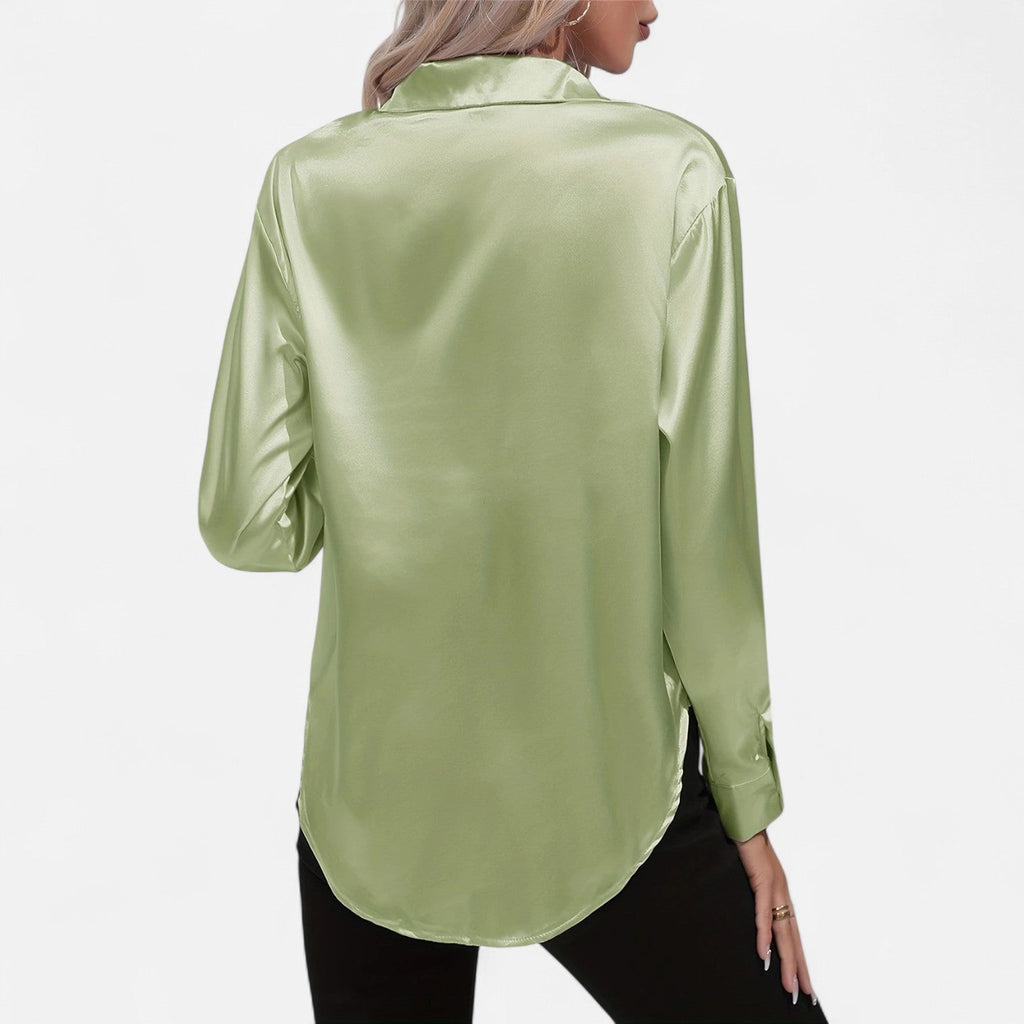 Women’s Satin Button-Down Blouse – Classic Long-Sleeve Lapel Shirt