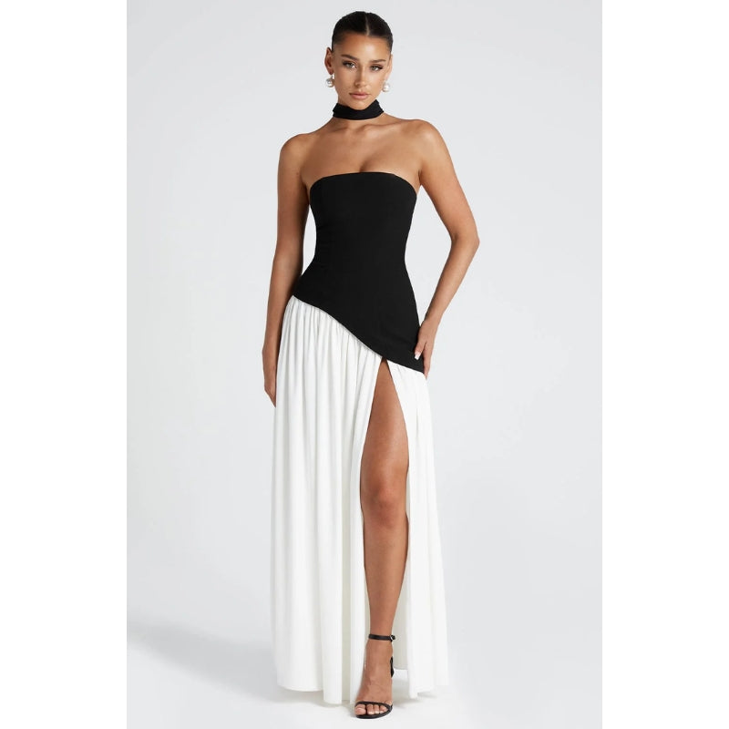 Women’s Strapless Evening Gown – Asymmetric Maxi Dress with High Slit