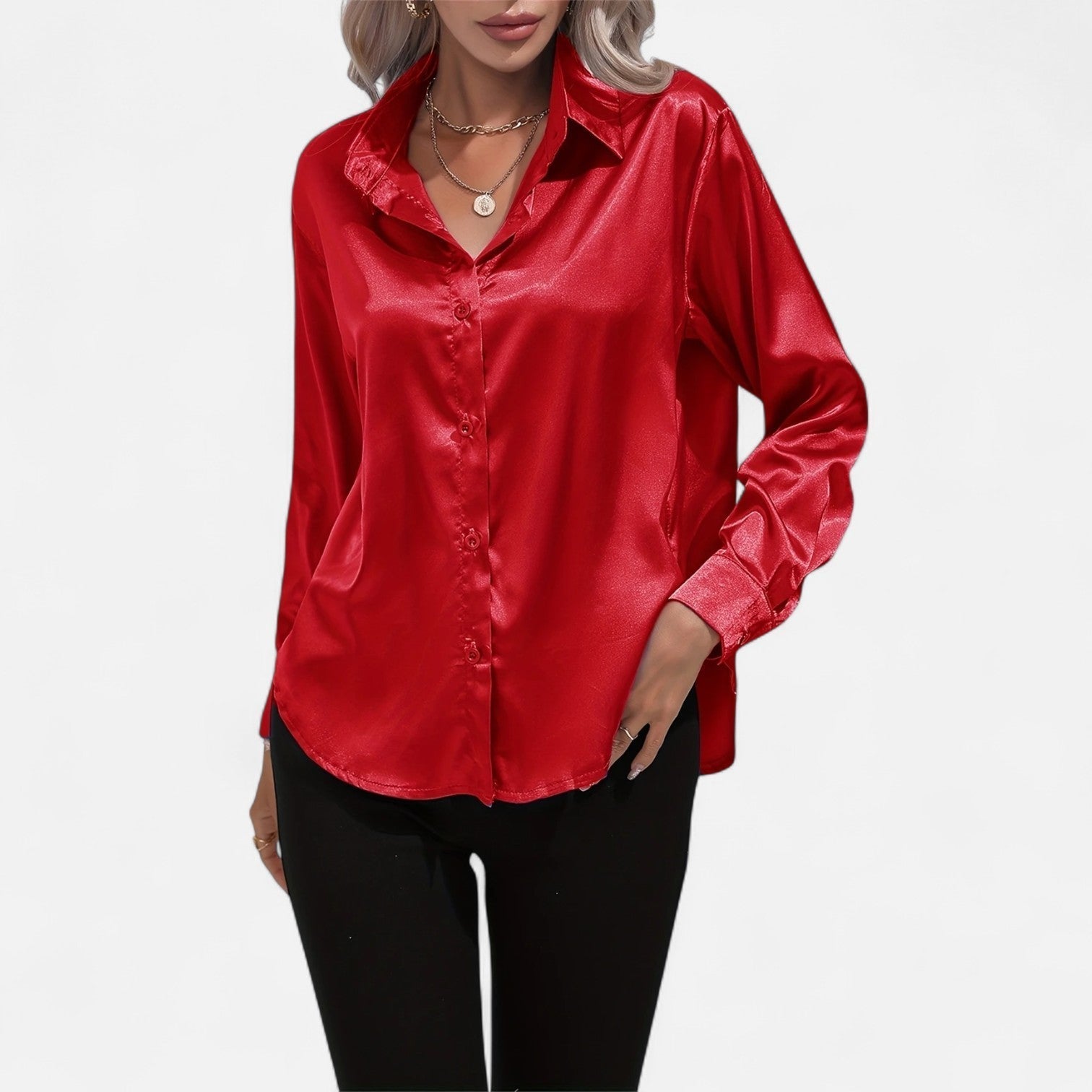 Women’s Satin Button-Down Blouse – Classic Long-Sleeve Lapel Shirt