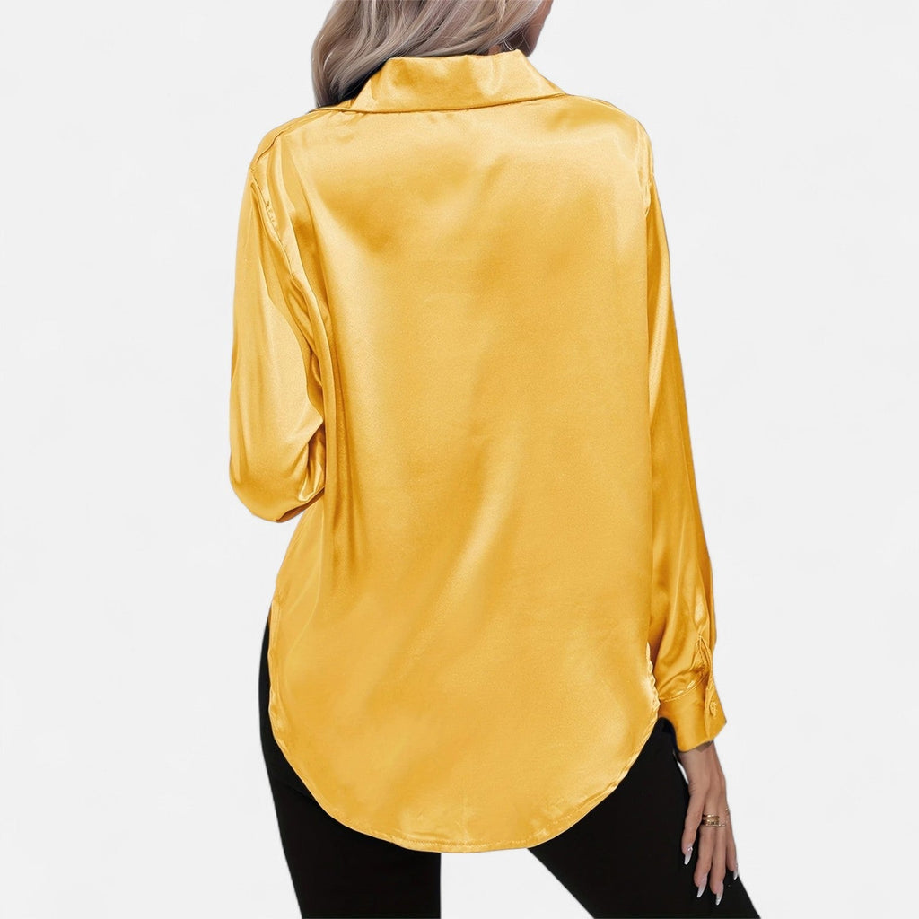 Women’s Satin Button-Down Blouse – Classic Long-Sleeve Lapel Shirt