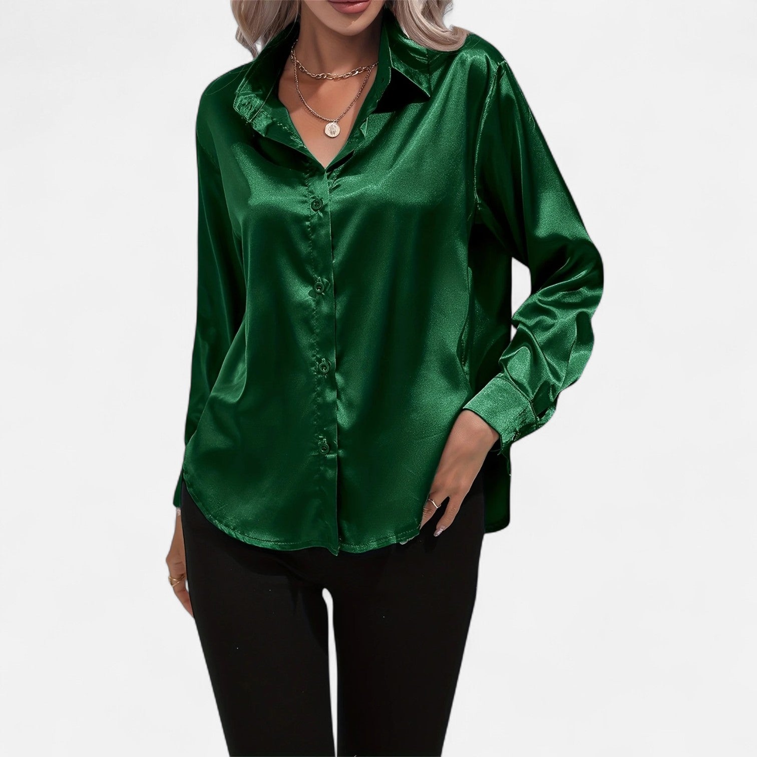 Women’s Satin Button-Down Blouse – Classic Long-Sleeve Lapel Shirt