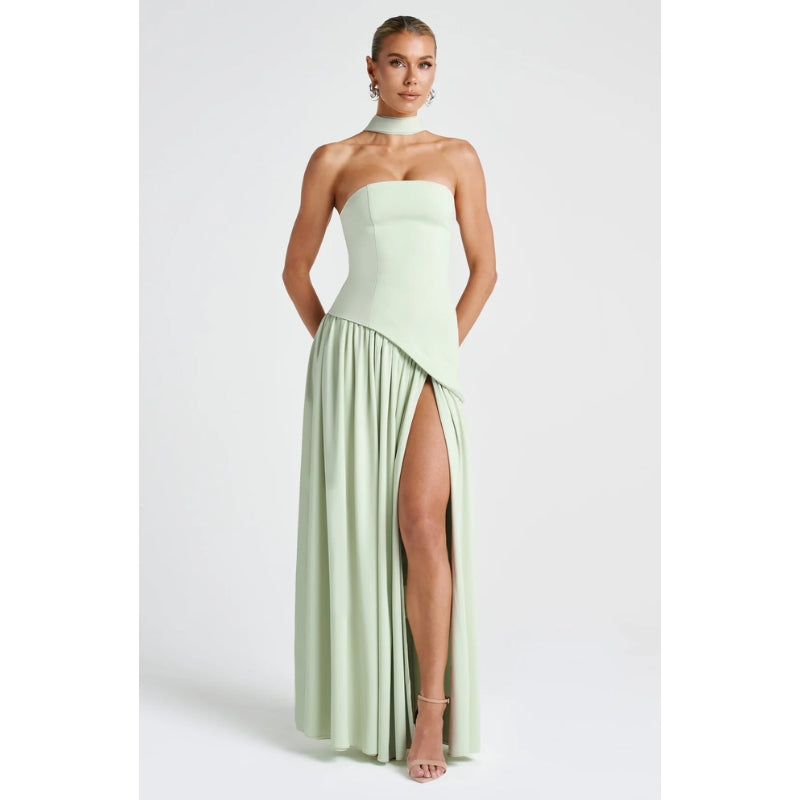 Women’s Strapless Evening Gown – Asymmetric Maxi Dress with High Slit