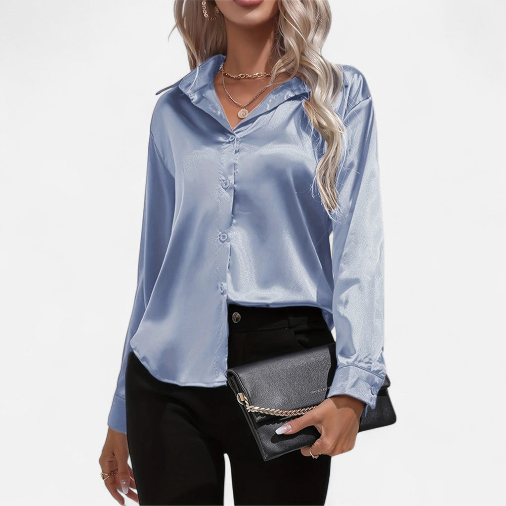 Women’s Satin Button-Down Blouse – Classic Long-Sleeve Lapel Shirt