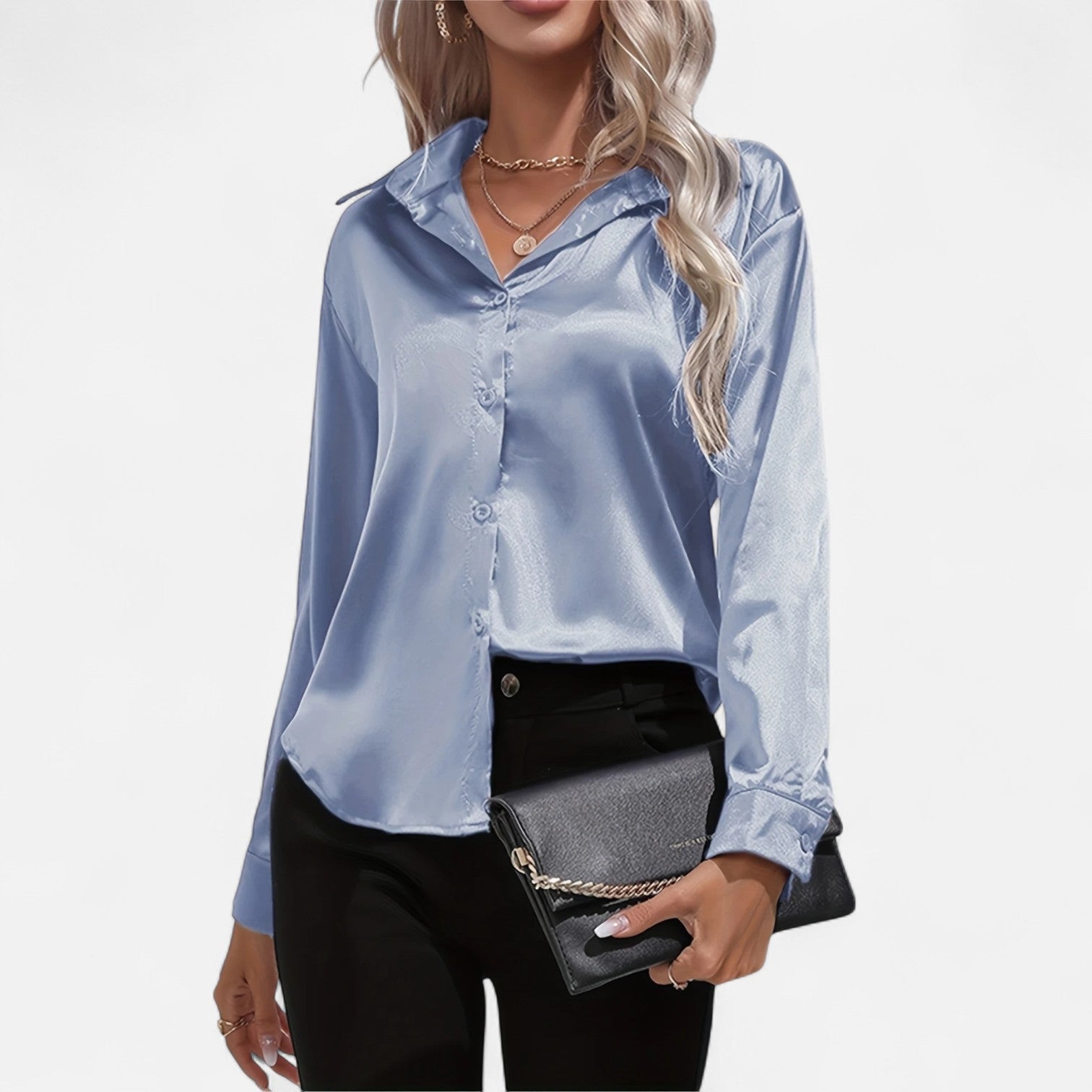 Women’s Satin Button-Down Blouse – Classic Long-Sleeve Lapel Shirt