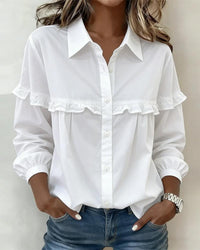 Women’s Ruffle Trim Blouse – Puff Sleeve Collared White Shirt