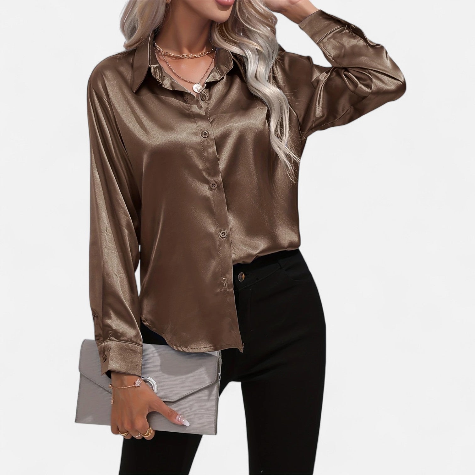 Women’s Satin Button-Down Blouse – Classic Long-Sleeve Lapel Shirt