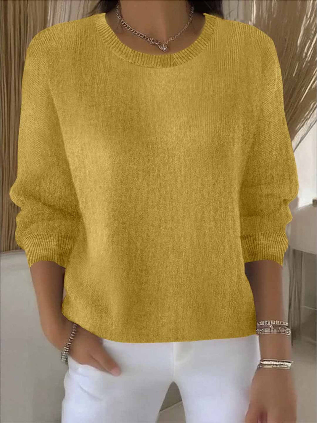 Women’s Casual Knit Sweater – Relaxed Fit Round Neck Top for Everyday Wear
