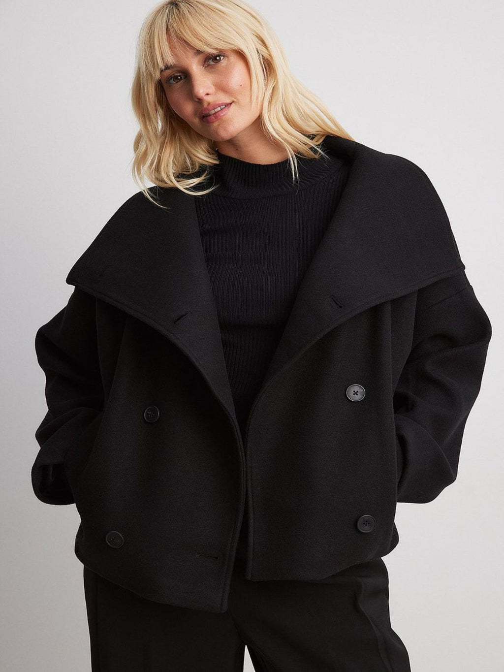 Women’s Double-Breasted Casual Coat – Tailored Long Coat with High Collar