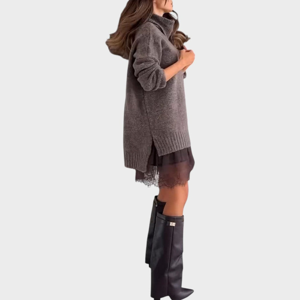 Women’s High Neck Casual Sweater – Relaxed Fit Longline Knit with Textured Finish
