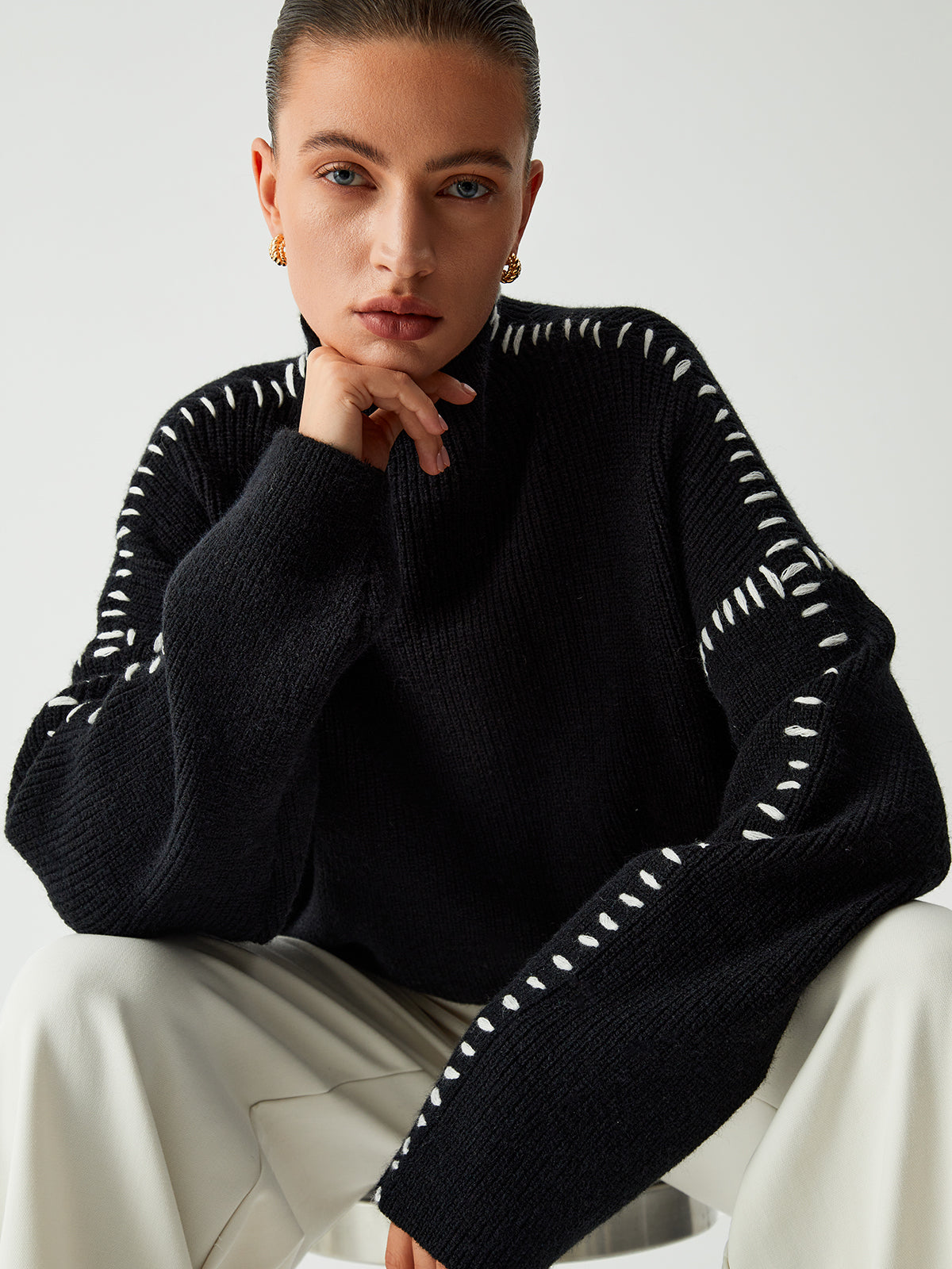 Oversized Women’s Knitted Turtleneck Sweater – Warm Solid-Color Basic Design