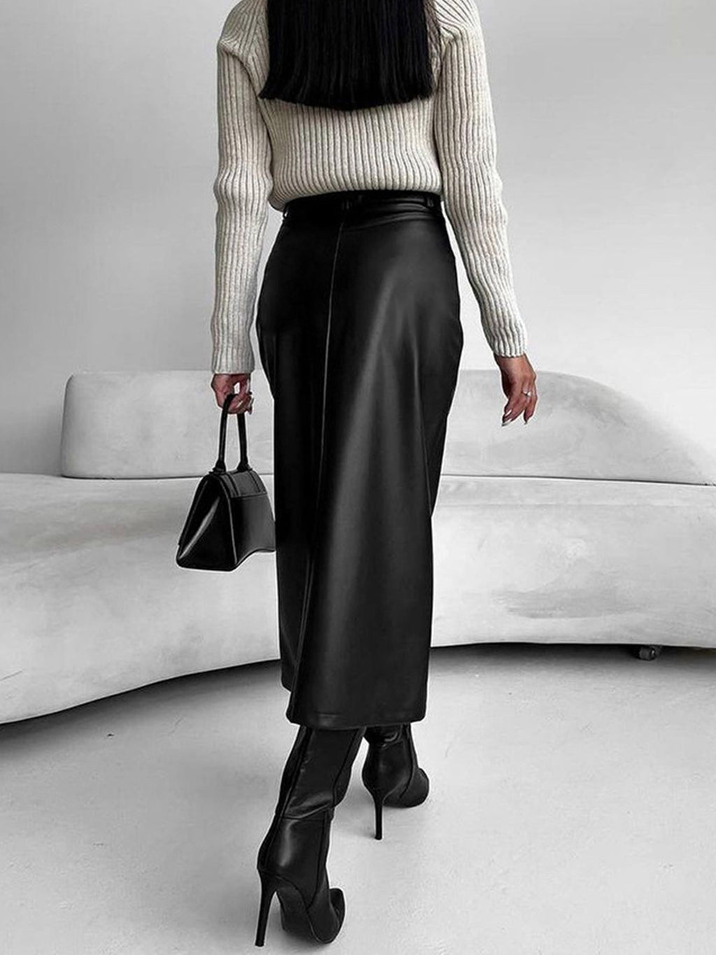 Faux Leather Midi Skirt – High-Slit Elegant Statement Piece